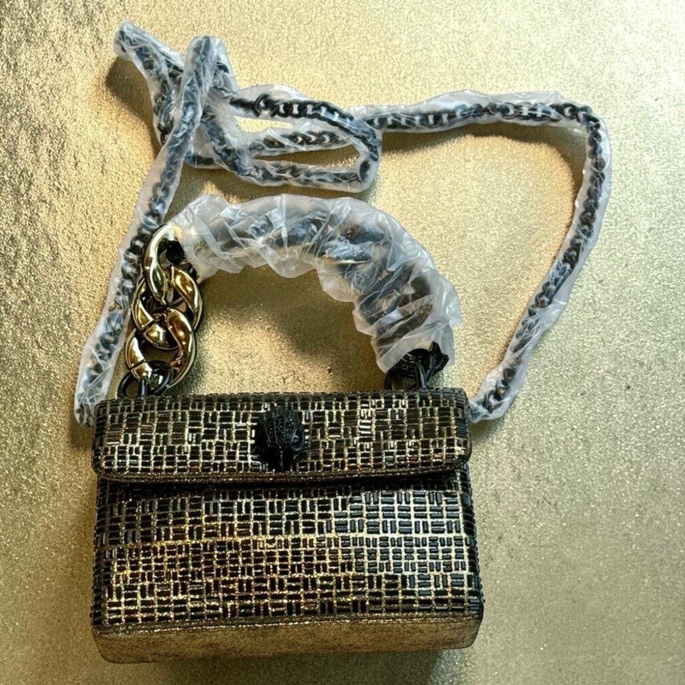 Kurt Geiger Mini Kensington 2 Chains Crystals Bronze Metallic Fabric 8" x 5.5"‎